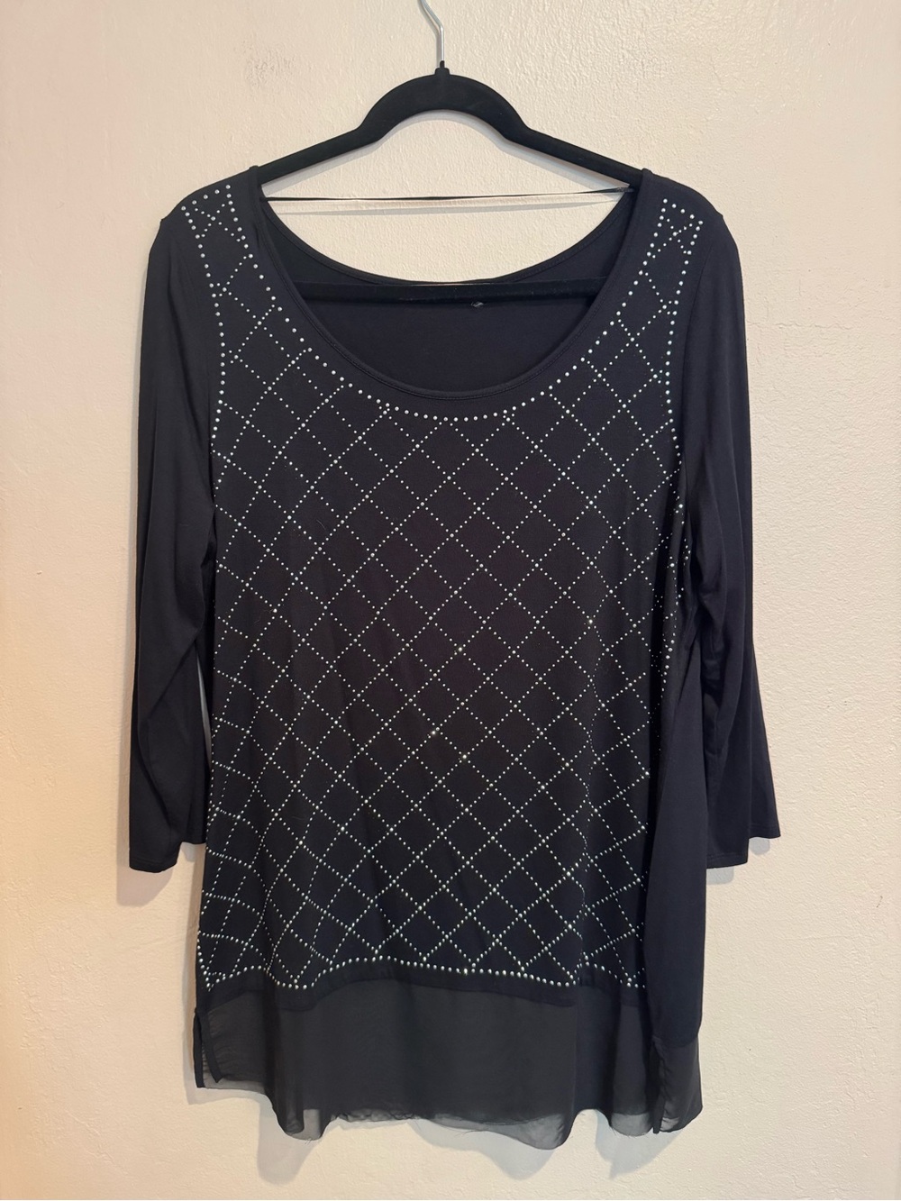Black Diamond Patterned Stud-Embellished Scoop Neck Tunic with Sheer Drape Hem
